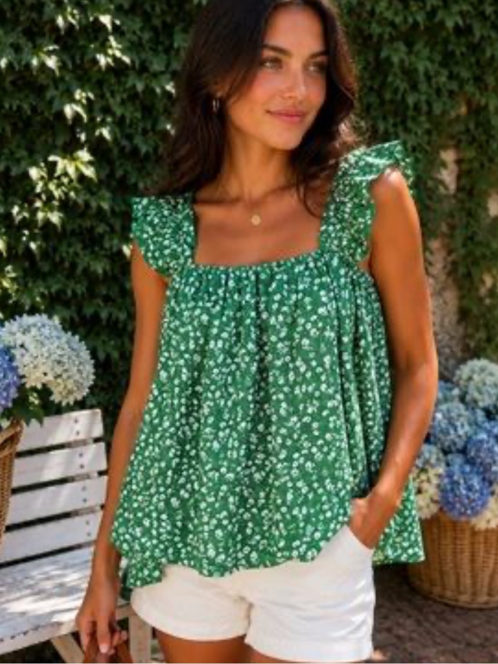 Hyacinth House women’s Medium Green Floral Ruffle-Sleeve Square Neck Women’s Top